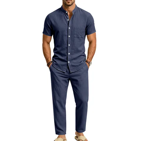 Men Casual Linen Blend Two Piece Set Mandarin Collar Short Sleeve Shirt And Long Pants Outfit Summer Beachwear