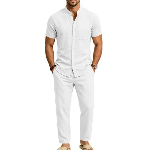 Men Casual Linen Blend Two Piece Set Mandarin Collar Short Sleeve Shirt And Long Pants Outfit Summer Beachwear