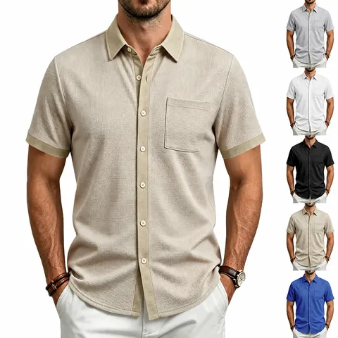 Herren Casual Waffel Kurzarm Hemd Kontrastkragen Revers Einreiher Sommer Basic Top Für Herren Mode