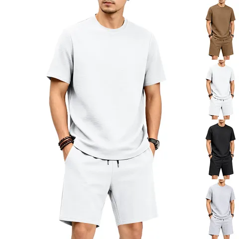 Set T-Shirt Pullover Testurizzata Casual da Uomo e Pantaloncini con Coulisse Tuta Sportiva Estiva Elastica Larga