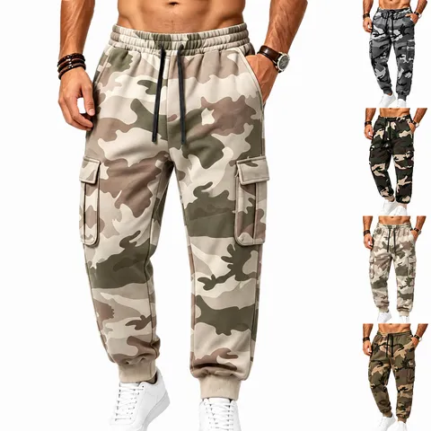 Men's Camouflage Fleece Cargo Sweatpants Loose Casual Hip Hop Outdoor Jogger Pants With Pockets