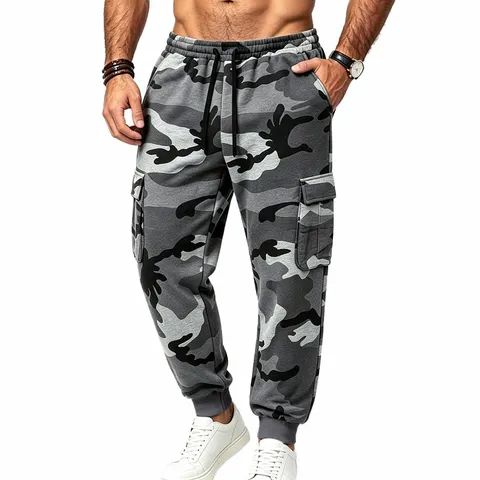 Men's Camouflage Fleece Cargo Sweatpants Loose Casual Hip Hop Outdoor Jogger Pants With Pockets