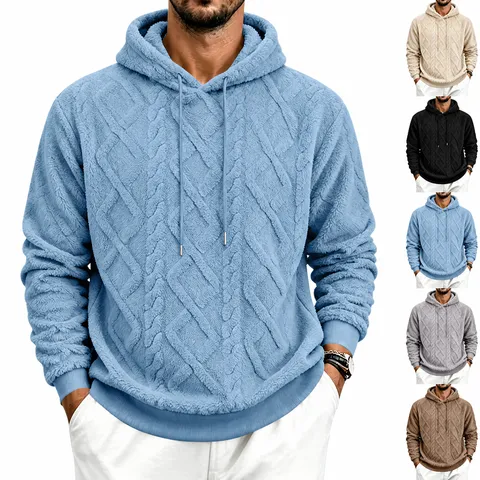 Men's Fleece Lined Jacquard Hooded Sweatshirt Winter Warm Thermal Pullover Long Sleeve Casual Hoodie Top
