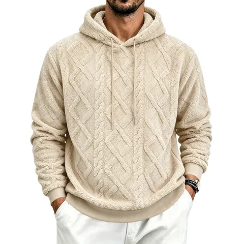 Men's Fleece Lined Jacquard Hooded Sweatshirt Winter Warm Thermal Pullover Long Sleeve Casual Hoodie Top
