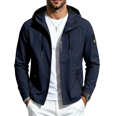 Men's Casual Hooded Windbreaker Jacket Solid Polyester Breathable Windproof Outdoor Sport Jacket Top