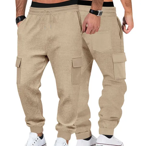 Pantalón Cargo Pesado para Hombre con Rejilla de Jacquard Cintura con Cordón Multi-Bolsillo Pantalones de Chándal Jogger Casual Deportes al Aire Libre Pantalón de Punto para Otoño Invierno