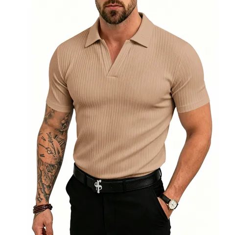 Polo de Punto Casual para Hombre Manga Corta Cuello en V Acanalado Elástico Transpirable Verano Exterior Slim Fit Top de Poliéster