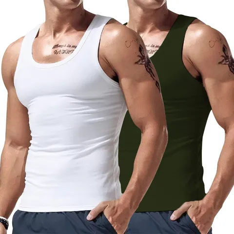 Men Sports Fitness Tank Top Breathable Polyester Racerback Muscle Gym Vest Slim Fit Undershirt For Workout Training Set