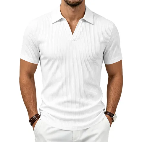Polo de Negocios Casual para Hombre Cuello en V de Punto Textura Acanalada Rayas Verticales Manga Corta Top Verano Transpirable Poliéster