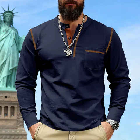 Amerikanisches Vintage Herren Langarm Henley T-Shirt Kontrastnähte Brusttasche Casual Outdoor Polyester Top
