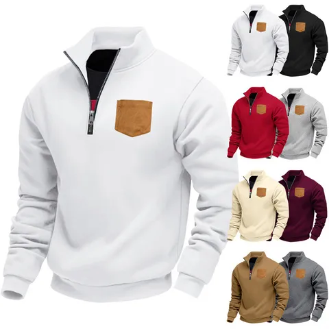 Herren Schwergewichtiges Fleece-Gefüttertes Half-Zip Sweatshirt Amerikanisches Retro Stehkragen Langarm Pullover Top Mit Kontrasttasche
