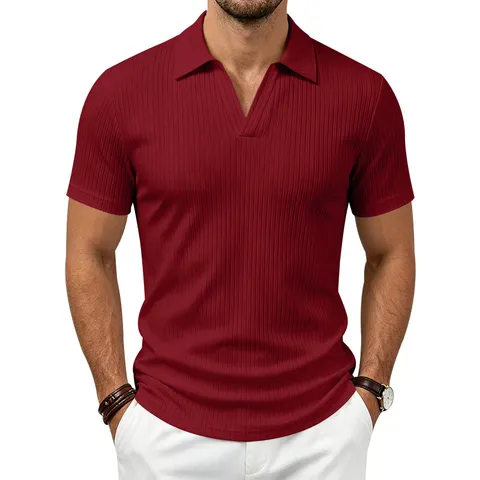 Polo de Negocios Casual para Hombre Cuello en V de Punto Textura Acanalada Rayas Verticales Manga Corta Top Verano Transpirable Poliéster