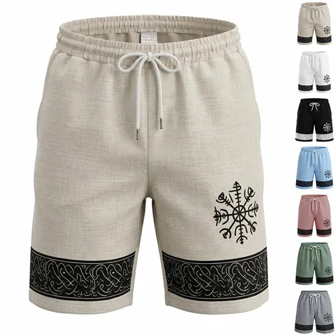 Herren Casual Badeshorts Sommer Loose Fit Polyester Gewebte Board Shorts Mit Kordelzug Und Nordischem Totem Druck