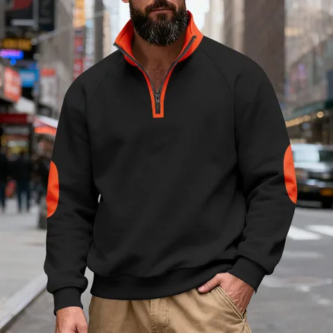 Men Heavyweight Fleece Stand Collar Sweatshirt American Retro Color Block Elbow Patch Quarter Zipper Pullover Casual Top