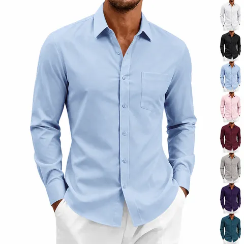 Chemise Casual Business pour Hommes Manches Longues Couleur Unie Col Rabattu Boutonné Top en Polyester Tissé pour Bureau Vêtements Homme
