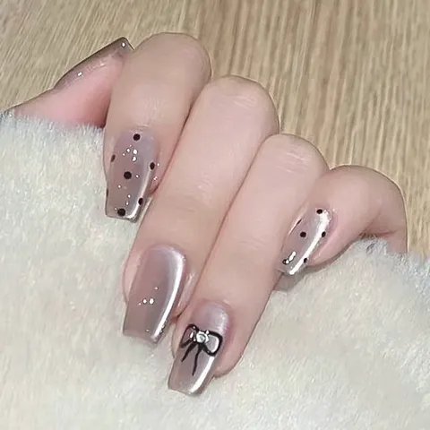 Unghie Finte Press-on Occhio di Gatto Pois Fiocco Design Unghie Finte Rimovibili Kit Nail Art in Acrilico per Donne