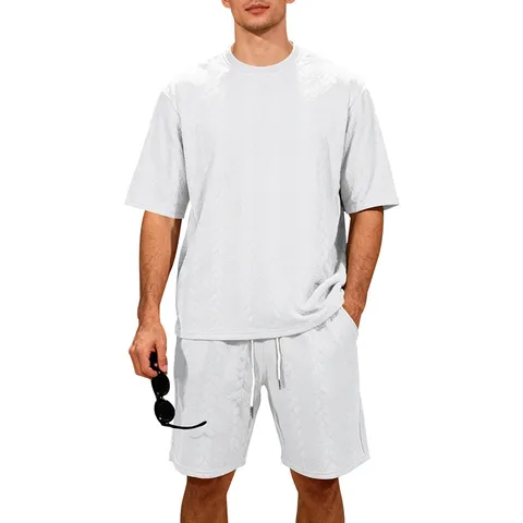 Men's Casual Jacquard Knit Short Sleeve Top And Shorts Set Loose Streetwear Summer Outfit