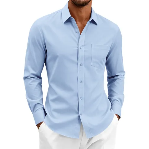Camisa de Manga Larga Elástica Sin Plancha para Hombre Negocios Casual Color Sólido Solapa para Oficina Ropa de Hombre