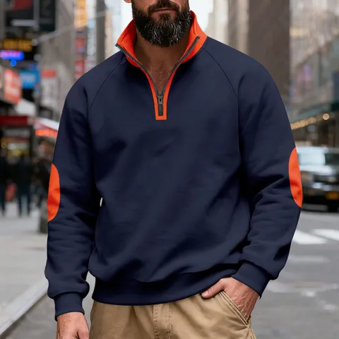 Men Heavyweight Fleece Stand Collar Sweatshirt American Retro Color Block Elbow Patch Quarter Zipper Pullover Casual Top