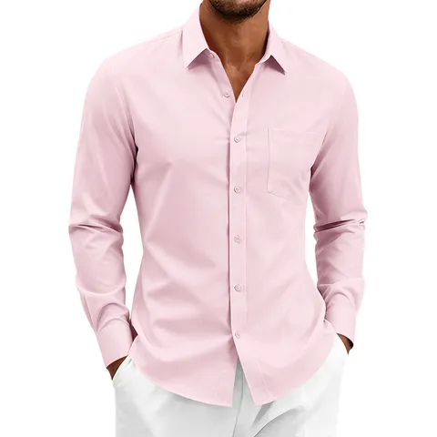 Camisa de Manga Larga Elástica Sin Plancha para Hombre Negocios Casual Color Sólido Solapa para Oficina Ropa de Hombre