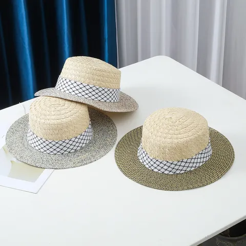 Chapeau de Paille Plat Français pour Femmes Plage d'Été Protection Solaire Chapeau de Soleil Ruban Mode Chapeau Fedora en Paille