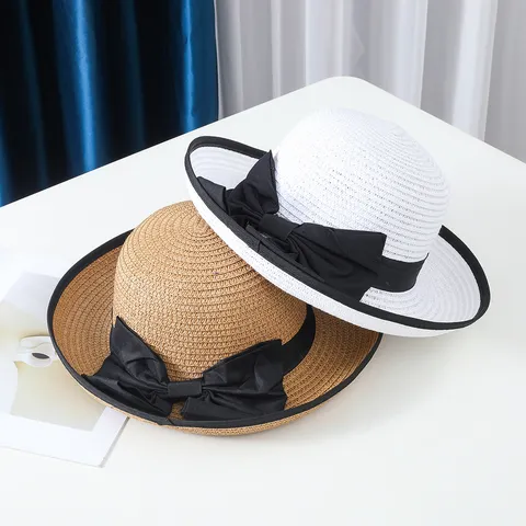 Chapeau de Paille d'Été pour Femme Vacances à la Plage Loisirs Large Bord Nœud Chapeau de Soleil Mode Dames Élégante Casquette de Protection Solaire