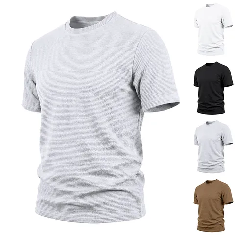 T-Shirt Homme Décontracté Col Rond Manches Courtes Haut en Polyester Jacquard à Texture Tricotée Lourde Vêtements Mode d'Été