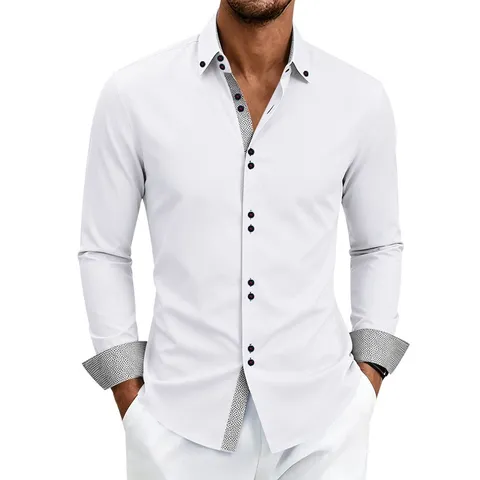 Camicia da Uomo Smart Casual Business Elegante Revers a Contrasto Manica Lunga Elasticizzata Traspirante Senza Stiro Per Ufficio Banchetto