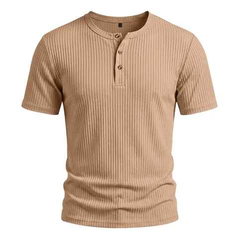 Men's Summer Casual Henley Short Sleeve T-Shirt Solid Color Regular Fit Stretch Ribbed Knit Basic Top For Men