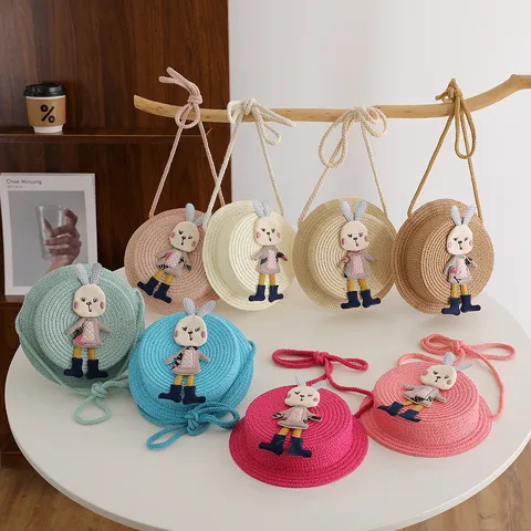 Kinder Stroh Umhängetasche Süßes Cartoon Hase Gewebte Schultertasche Sommer Strand Geldbörse Für Kleine Mädchen Tägliches Zubehör