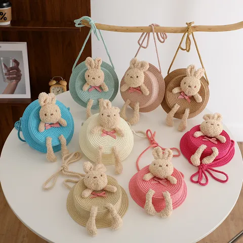 Kinder Stroh Umhängetasche Süßes Cartoon Kaninchen Plüschtier Runde Handtasche Sommer Strand Lässige Handtasche Für Kleine Mädchen