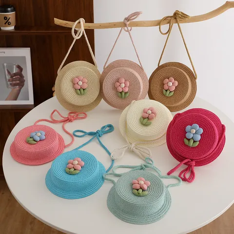 Borsa a Tracolla in Tessuto di Paglia Carina per Bambini Mini Borsa a Spalla da Spiaggia Estiva Decorata con Fiori Borsa Casuale per Ragazze