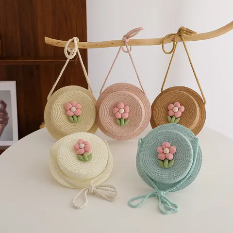 Borsa a Tracolla in Tessuto di Paglia Carina per Bambini Mini Borsa a Spalla da Spiaggia Estiva Decorata con Fiori Borsa Casuale per Ragazze