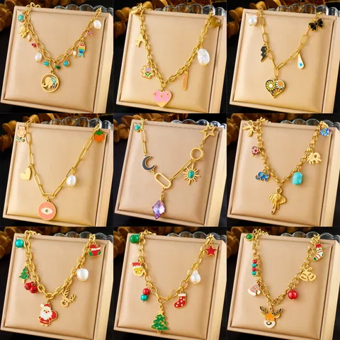Edelstahl Mehrfach Anhänger Halskette Vergoldet Bunt Tropfenöl Choker Damen Modeschmuck