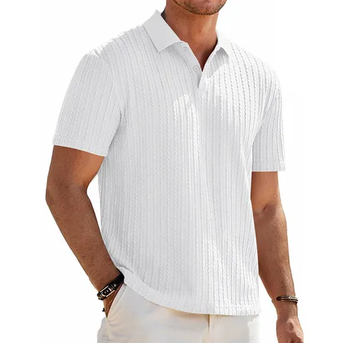 Men's Casual Loose Knit Jacquard Short Sleeve Polo Shirt Summer Solid Color Top