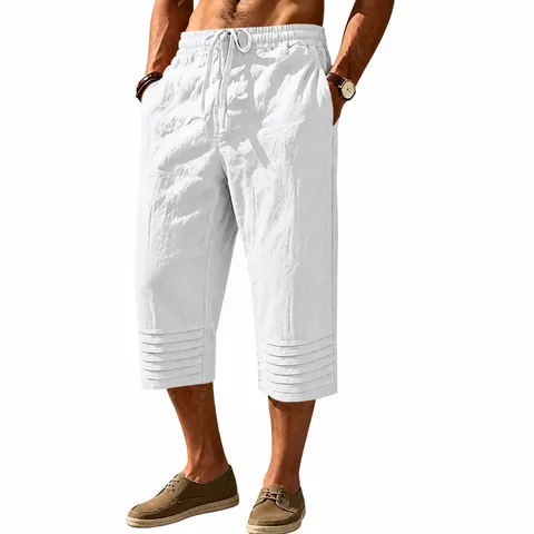 Herren Casual Leinen Caprihosen Sommer Strand Kordelzug Gerades Bein Einifarbig Plissiert Atmungsaktive Hosen