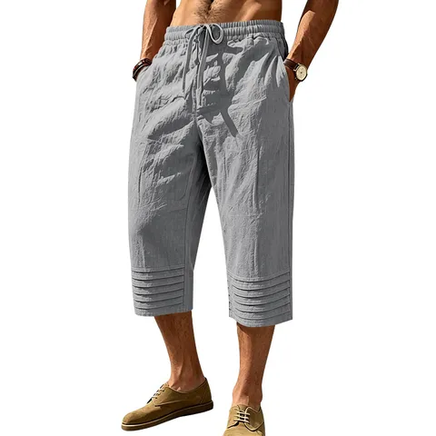 Herren Casual Leinen Caprihosen Sommer Strand Kordelzug Gerades Bein Einifarbig Plissiert Atmungsaktive Hosen
