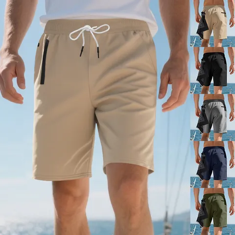 Herren Casual Athletic Shorts Polyester Kordelzug Strand Shorts Mit Reißverschlusstaschen Einfarbig Sommer Sportbekleidung Unterteile