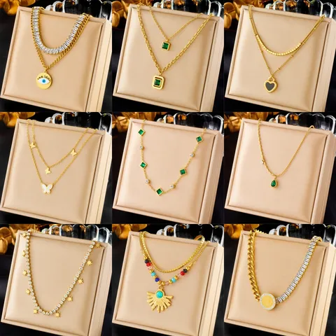 Minimalistisch Edelstahl Smaragd Zirkon Böser Blick Schmetterling Lagiges Halskette Vergoldet Strass Anhänger Schmuck Geschenk
