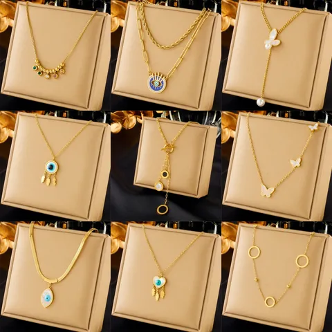 Mode Edelstahl Vergoldet Römische Ziffer Runde Anhänger Halskette Böser Blick Schmetterling Anhänger Schlüsselbeinkette Schmuck Für Damen