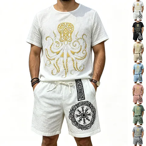 Herren Casual Sommer Viking Druck Kurzarm T-Shirt Und Shorts Set Atmungsaktiv Polyester Outfit