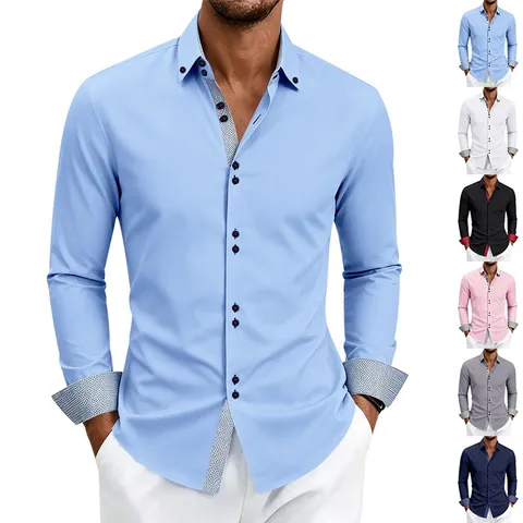 Camicia da Uomo Smart Casual Business Elegante Revers a Contrasto Manica Lunga Elasticizzata Traspirante Senza Stiro Per Ufficio Banchetto