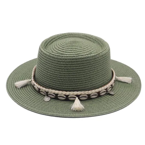 Damen Strohhut Sommer Strand Sonnenschutz Flacher Top Bowler Hut Mit Muschel Quaste Dekoration Britisch Lady Urlaub Hut