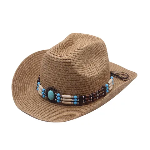 Chapeau de Paille Cowboy Western Unisexe Été Extérieur Plage Protection Solaire Chapeau Tissé avec Bande de Perles