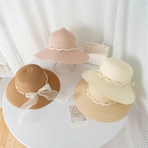 Chapeau de Paille à Large Bord pour Femmes Ruban en Dentelle Française Perle Plage Chapeau de Soleil Protection UV Mode Vacances