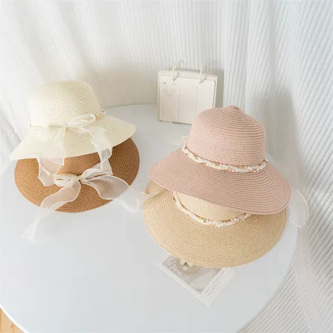 Chapeau de Paille à Large Bord pour Femmes Ruban en Dentelle Française Perle Plage Chapeau de Soleil Protection UV Mode Vacances