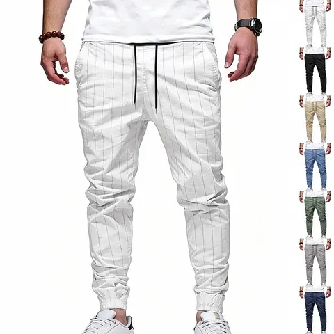 Men's Casual Striped Joggers Loose Fit Drawstring Linen Blend Sweatpants Spring Summer Fashion Sports Casual Trousers