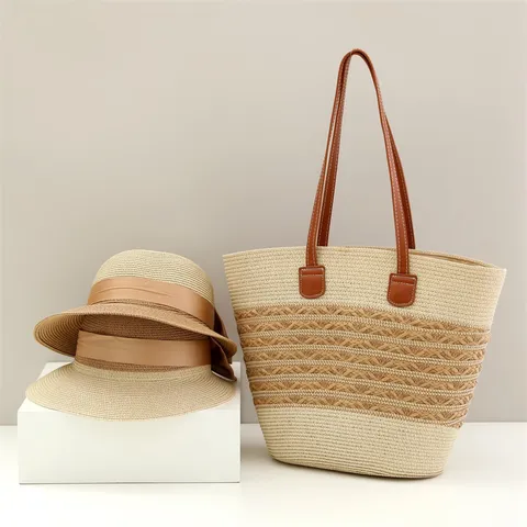 Ensemble Chapeau de Paille d'Été pour Femmes et Grand Sac Cabas Plage Vacances Chapeau de Soleil Tissé Sac à Main Accessoires en Paille
