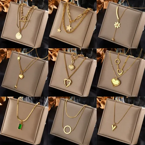 Vintage Edelstahl Mehrschichtige Herz Stern Geometrisch Anhänger Halskette Vergoldet Modeschmuck Für Damen