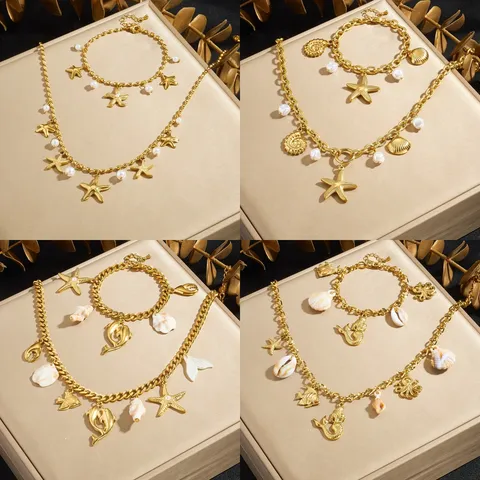 Vergoldeter Edelstahl Seestern Delfin Anhänger Halskette Armband Set Urlaub Strand Schmuck Für Damen